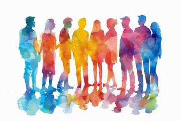 Colorful silhouettes of a diverse group of people in watercolor style on white background. Diversity, equality and inclusion concept.