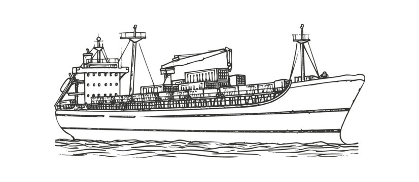 black and white cargo ship on the sea clip art preview
