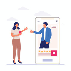 Woman giving feedback review online and mobile apps, consumer satisfaction rating