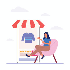 Young woman giving feedback review online , consumer satisfaction rating