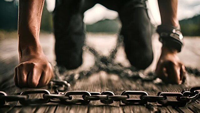 Person Chained to Chain on Wooden Floor Generative AI