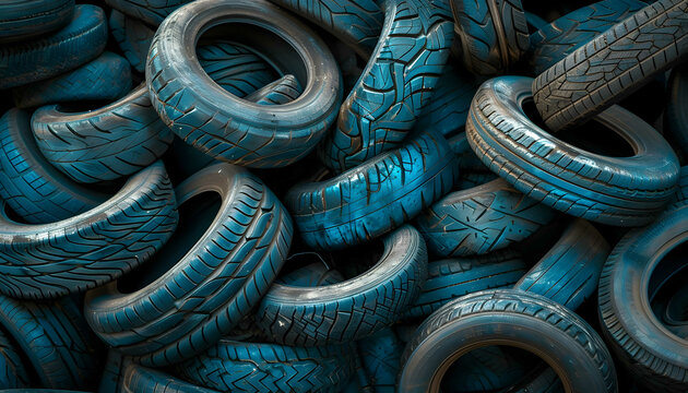 Large stack of old tires on top of another pile of tires, environmental waste and recycling concept