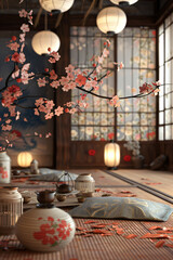 Harmony Haven: Japanese-Inspired Tea Room with Floral Tatami Mat