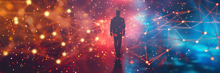 Young man on abstract digital content background, person silhouette against social media pattern. Concept of network, connect, global world, people, online and technology.