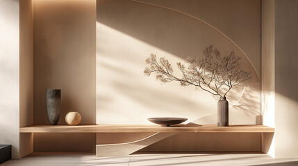 A shelf for free space for your decorations, things, frames, pictures. Minimalist style with plants, candles, books, vases. Pastel soft background