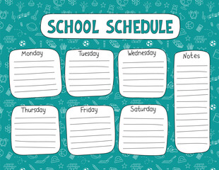 School Schedule vector template printable US Letter size. Weekly class timetable, lesson planner students, kids daily routine chart. Funny doodle hand drawn outline design with educational elements