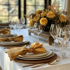 wedding table setting for a reception, tablescape with gold color napkins and white plates,...