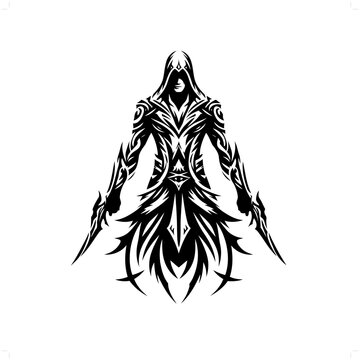 recommend clip art: assasin in modern tribal tattoo, abstract line art of people, minimalist contour. Vector