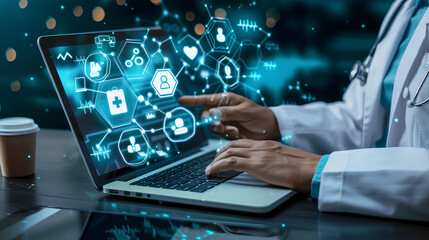 Fototapeta premium Health Insurance, telemedicine, virtual hospital, family medicine concept. Doctor using laptop computer with health care icons, medical technology background, health insurance business