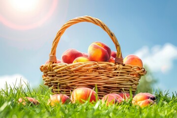 A picnic basket filled with peaches rests peacefully in the grass