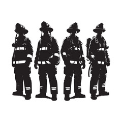 retro vintage firefighter silhouette black and white illustration, Classic Firefighter Illustration, Fire Brigade silhouette vector Illustration,  Firefighter Heroes silhouettes