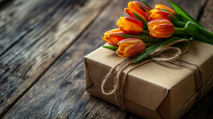 A bouquet of orange tulips on a beautiful gift package