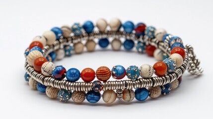 Beaded Bracelet in Shades of Blue Red Beige and Silver