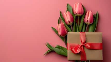 A bouquet of pink tulips in full bloom against a clear pink background.