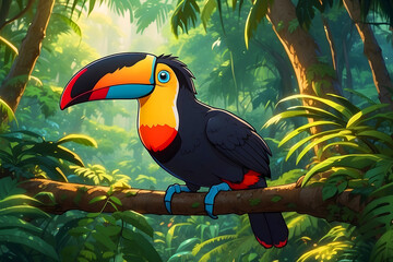 Fototapeta premium In an anime-style illustration, a toucan sits on a branch.