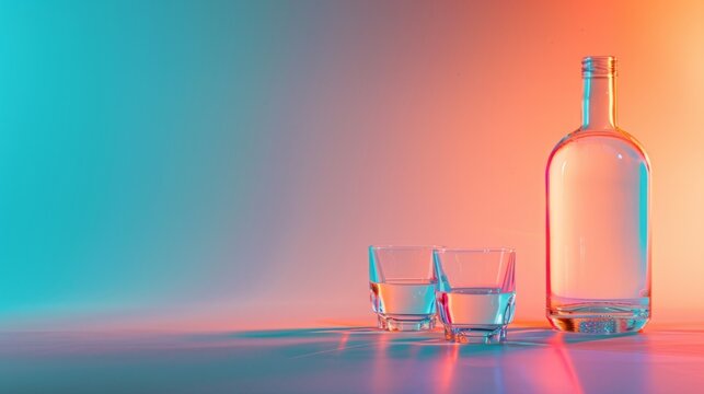 A striking image with a glass cup and bottle on a vivid pink-blue background, embodying mystery and artistic flair. It's party time, summer concept.