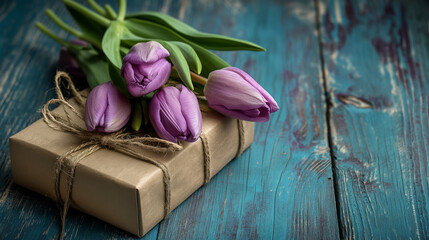 A bouquet of violet tulips on a beautiful gift package