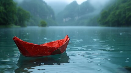 A vibrant red paper boat floats on a serene lake surrounded by misty mountains during a tranquil rainy day, capturing a sense of peace and introspection. - obrazy, fototapety, plakaty