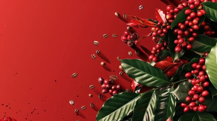 A vivid and artistic presentation of red coffee beans intermingled with lush green leaves, set against a soft red background with dynamic paint splashes.