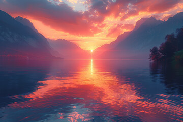 A tranquil lake reflecting the fiery hues of a sunset, its surface ablaze with the colors of dusk. Concept of natural beauty and fleeting moments. Generative Ai. - obrazy, fototapety, plakaty