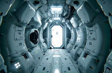 Spaceship interior corridor leading to a white hatch, clean modern design, future sci fi technology, airlock