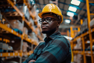 A confident black man in a warehouse wears a helmet, showcasing professionalism and expertise in the industrial sector.