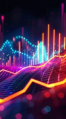 A dynamic graph chart with rising and falling bars made of glowing neon lights, set against a dark backdrop to symbolize market fluctuations