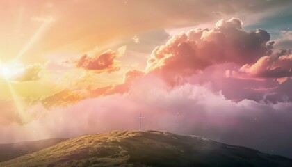 The Christianity themed with a dramatic beautiful of light vibrant background. Beautiful clouds, symbolizes humanity's hope for salvation - obrazy, fototapety, plakaty
