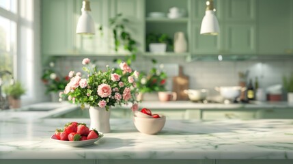 A kitchen with a green countertop and white cabinets. A vase of flowers sits on the counter next to a plate of strawberries