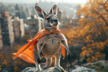 Muurstickers A kangaroo in a superhero cape, leaping through the air with boundless energy and determination to save the day in a bustling metropolis. Concept of courage and heroism. Generative Ai. © Sebastian