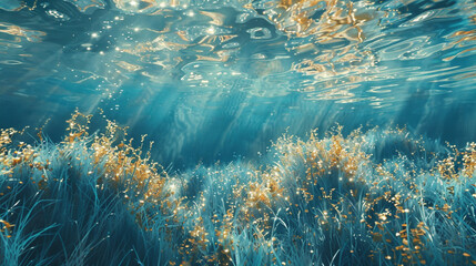 A tranquil sea of cerulean hues, punctuated by delicate threads of gold and silver, inviting the viewer to dive into its serene depths.  - obrazy, fototapety, plakaty