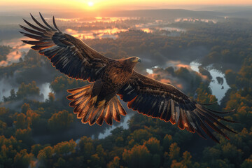 A majestic eagle soaring through the skies with outstretched wings, gazing down at the world below with a sense of freedom and exhilaration, riding the currents of the wind.  Generative Ai.