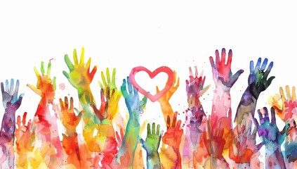 Watercolor painting of colorful hands and a heart as a symbol of love, family, inclusion, diversity and equality. Concept of a diverse and loving community.