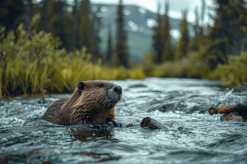 Obraz premium A diligent beaver constructing a dam on a rushing river, tirelessly hauling logs and mud to shape the landscape and create a habitat for its family. Generative Ai.