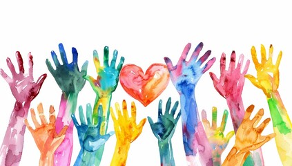 Watercolor painting of colorful hands and a heart as a symbol of love, family, inclusion, diversity and equality. Concept of a diverse and loving community.