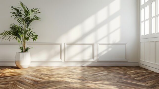 A large white room with a large potted plant in the corner. The room is empty and has a clean, minimalist feel