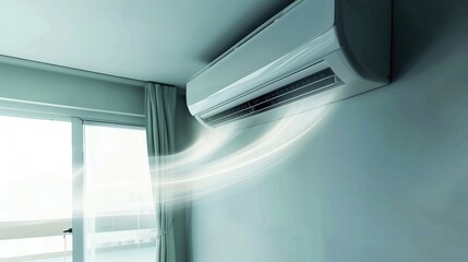 A room with the air conditioner encompasses blue waves of clean air - obrazy, fototapety, plakaty