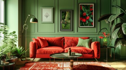 A living room with a red couch, a green coffee table, and a potted plant. The room has a bright and lively atmosphere, with the green walls and the colorful furniture