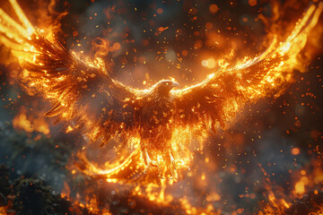 A phoenix rising from the ashes, embodying resilience and renewal as it emerges stronger and more vibrant after facing destruction. Concept of resilience and regeneration. Generative Ai.