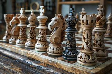 A chessboard with intricately carved pieces, depicting the complexities and strategies of life's challenges and conflicts. Concept of strategy and competition. Generative Ai.