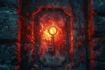 A key unlocking a mysterious door, symbolizing discovery and opportunity as it opens new pathways and possibilities. Concept of discovery and exploration. Generative Ai.