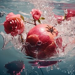 Pomegranate and Rose Splash in Water - 790409328