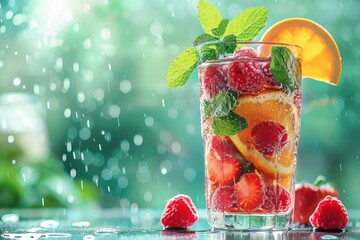 A glass filled with water, strawberries, orange slices, and mint leaves - obrazy, fototapety, plakaty