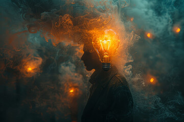 A figure pondering with a glowing lightbulb hovering over their head, indicating a surge of creative energy. Concept of inspiration and insight. Generative Ai.
