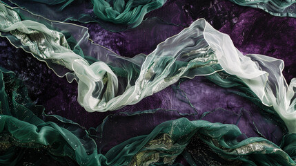Cascades of ethereal ivory and tranquil jade intertwining in a delicate embrace, creating an abstract tableau against a backdrop of midnight plum velvet. 