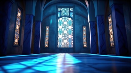 Blue color Moon light shine through the window into islamic mosque interior with arabic pattern