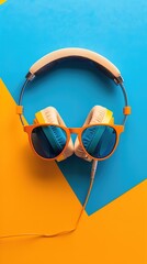 colorful summer background concept summer music party with headphones sunglasses and tropical leaves copy space. banner with space for text vertical
