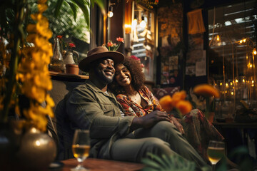 Fototapeta na wymiar Joyful African Couple Enjoying a Romantic Evening in a Cozy Restaurant
