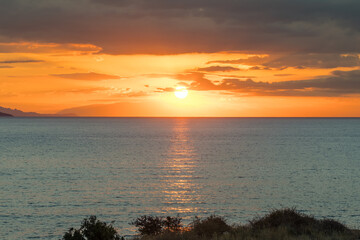 Beautiful sunset over the Ionian sea, Kefalonia, Greece. - 790410325