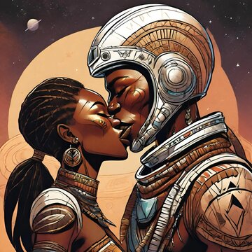 Guerreira tribal beijando astronauta.